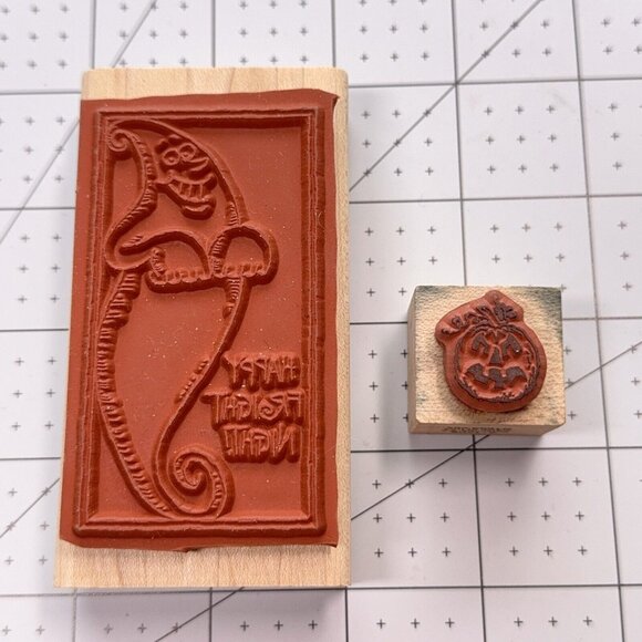 Halloween Ghost Pumpkin Rubber Stamp Lot of 2 Happy Fright Night Vintage Craft - Picture 2 of 3